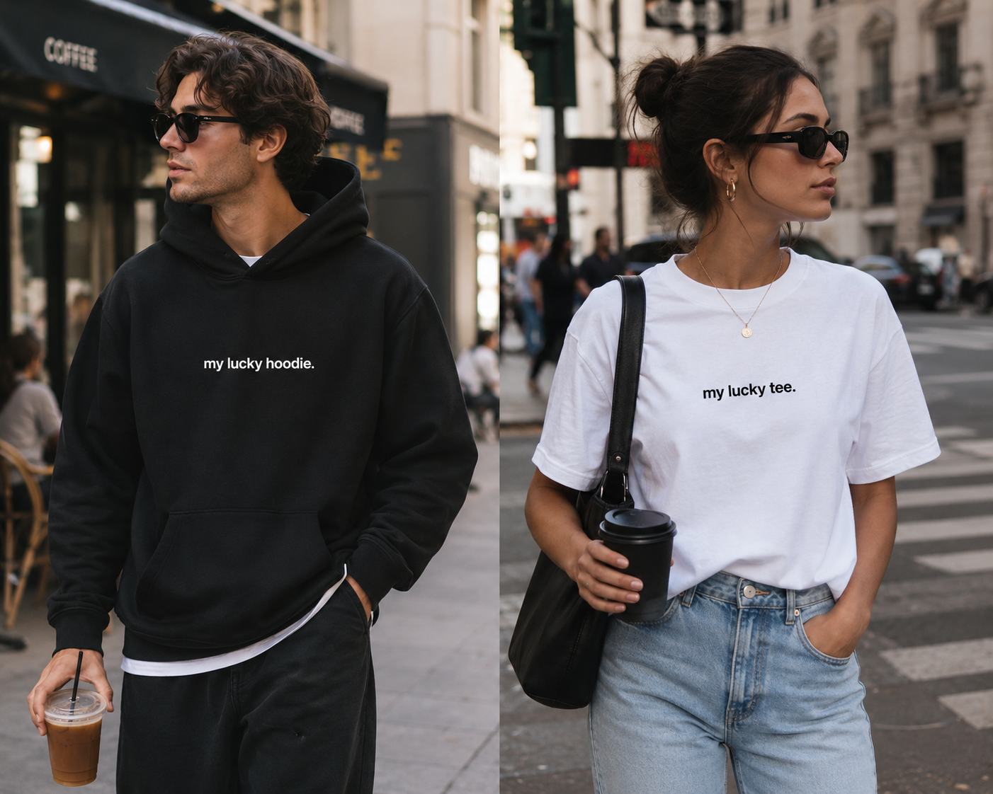 A man wearing the MY LUCKY hoodie in black and a woman wearing the MY LUCKY tee in white, walking through the city with iced coffee