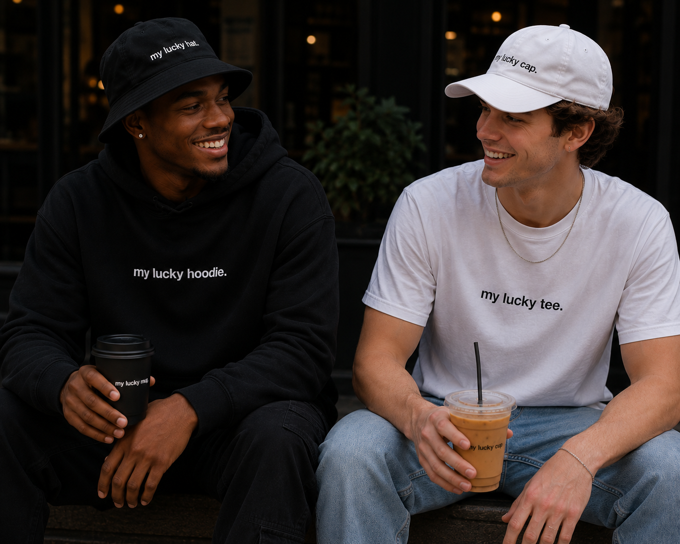 Friends in MY LUCKY hoodie and tee with coffee