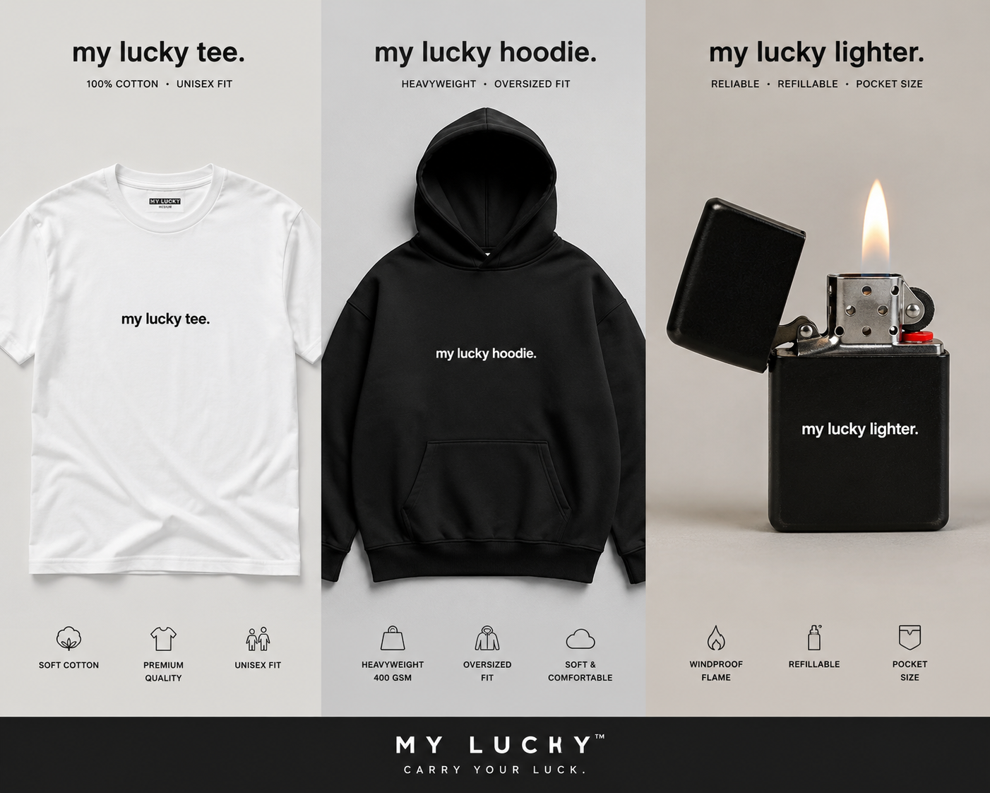 MY LUCKY tee, hoodie, and lighter flatlay
