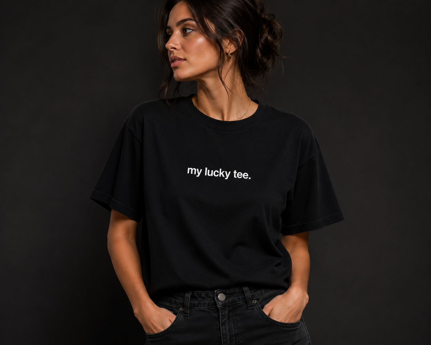Model wearing the MY LUCKY tee in everyday lifestyle setting