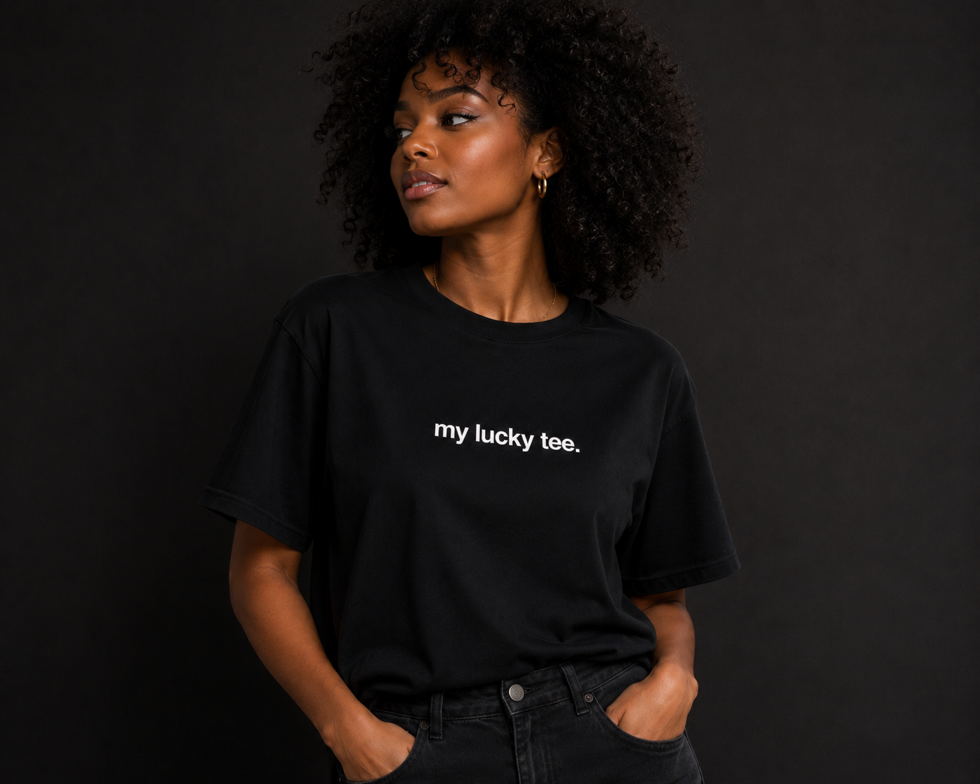 Portrait of model in MY LUCKY tee