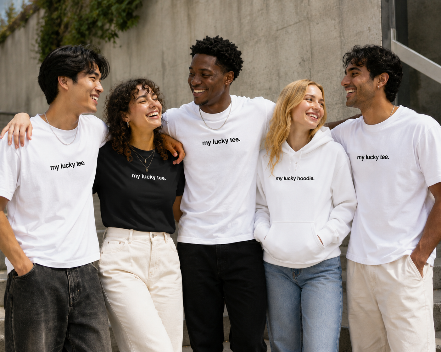Five friends of diverse backgrounds laughing together on concrete steps, wearing MY LUCKY tees in white and black and a white MY LUCKY hoodie